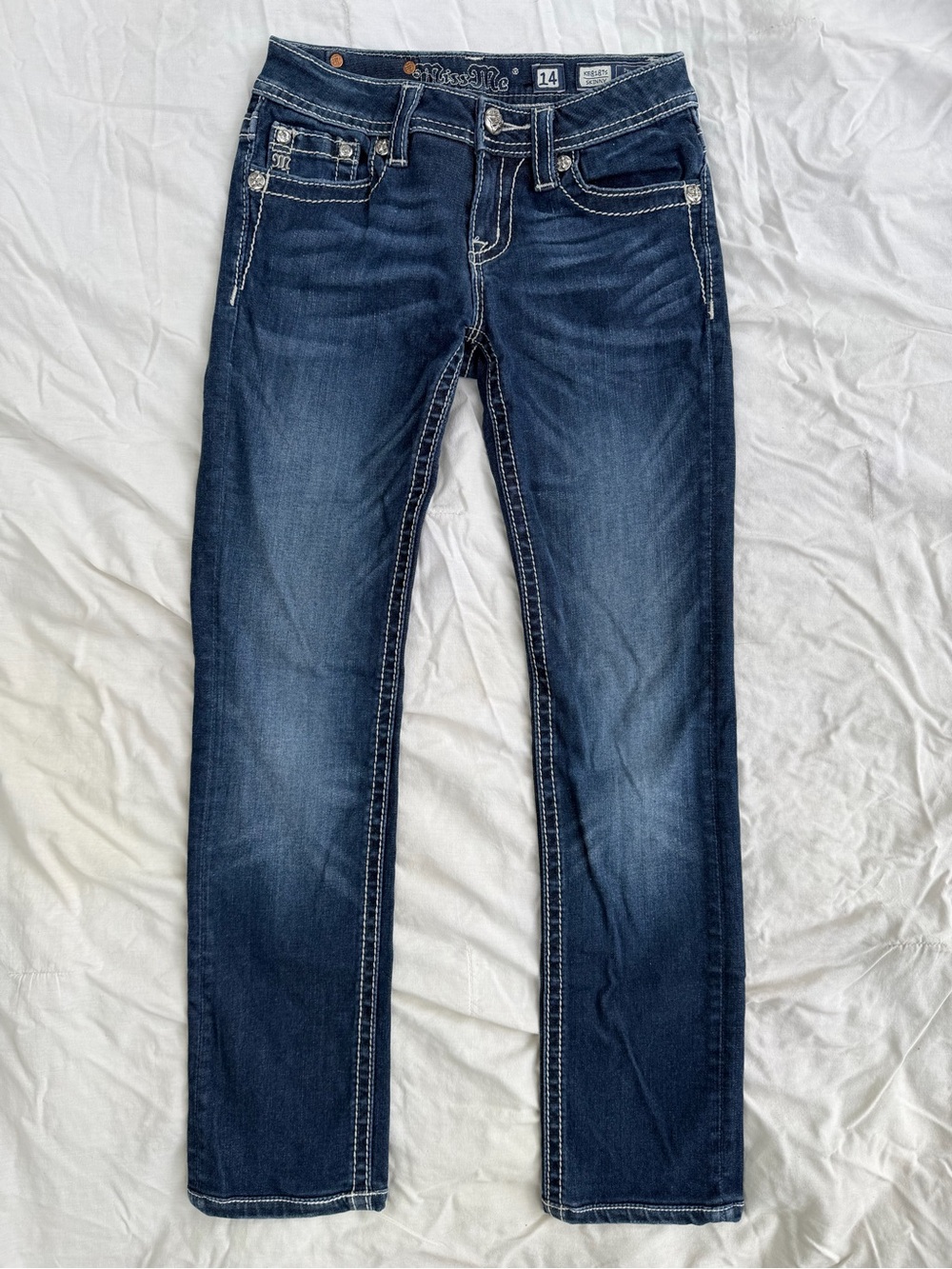Miss Me Girls Indigo Skinny Jeans with Contrast Stitching & Embellished KE81975